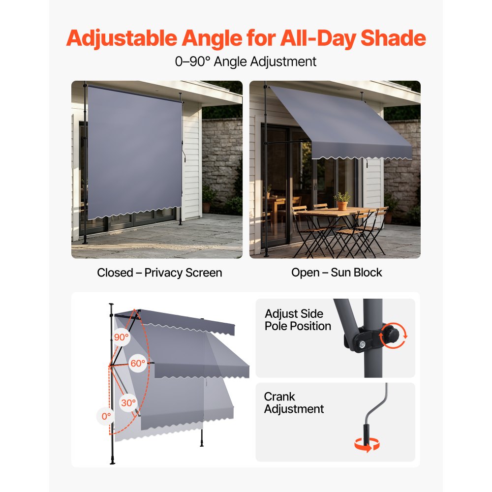 VEVOR Toldo Manual Retráctil 300 cm, Toldo Enrollable Exterior con Manivela Articulada, Altura Ajustable de 210 - 310 cm, Soporte de Aluminio, Instalación sin Taladro, para Balcón Terraza Jardín Patio