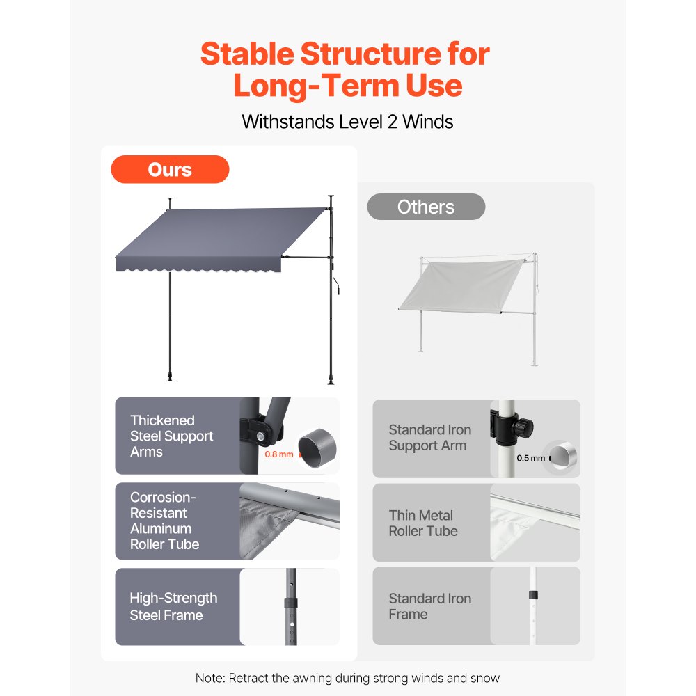VEVOR Toldo Manual Retráctil 300 cm, Toldo Enrollable Exterior con Manivela Articulada, Altura Ajustable de 210 - 310 cm, Soporte de Aluminio, Instalación sin Taladro, para Balcón Terraza Jardín Patio