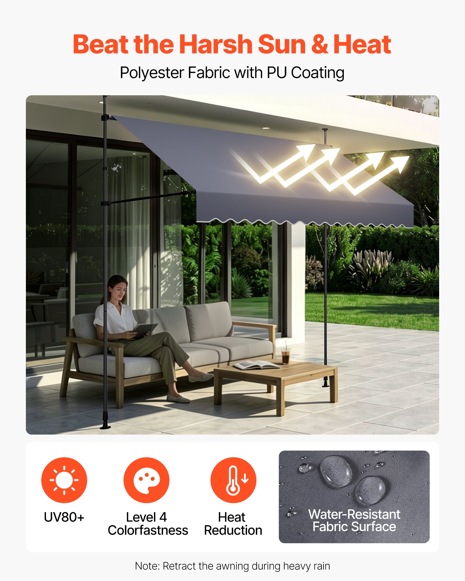 VEVOR Toldo Manual Retráctil 300 cm, Toldo Enrollable Exterior con Manivela Articulada, Altura Ajustable de 210 - 310 cm, Soporte de Aluminio, Instalación sin Taladro, para Balcón Terraza Jardín Patio