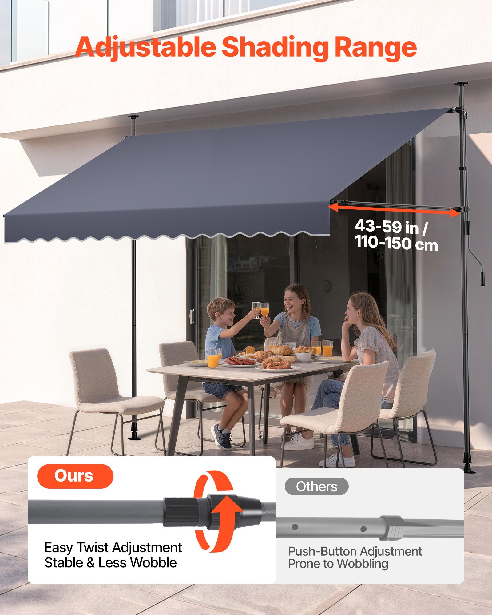 VEVOR Toldo Manual Retráctil 300 cm, Toldo Enrollable Exterior con Manivela Articulada, Altura Ajustable de 210 - 310 cm, Soporte de Aluminio, Instalación sin Taladro, para Balcón Terraza Jardín Patio