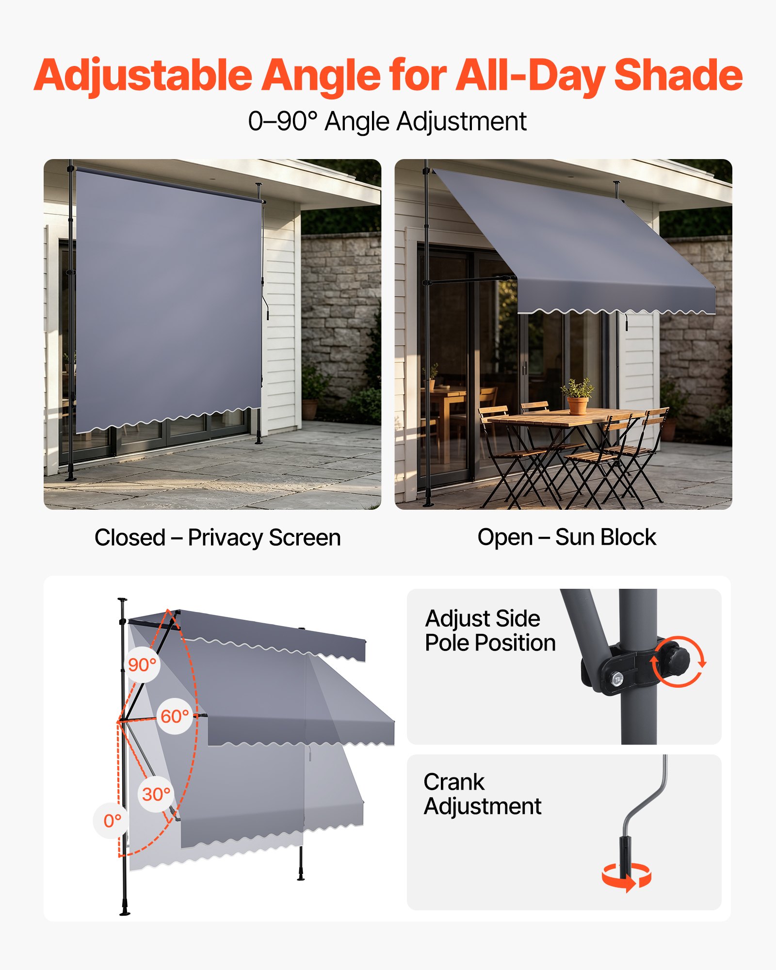 VEVOR Toldo Manual Retráctil 300 cm, Toldo Enrollable Exterior con Manivela Articulada, Altura Ajustable de 210 - 310 cm, Soporte de Aluminio, Instalación sin Taladro, para Balcón Terraza Jardín Patio