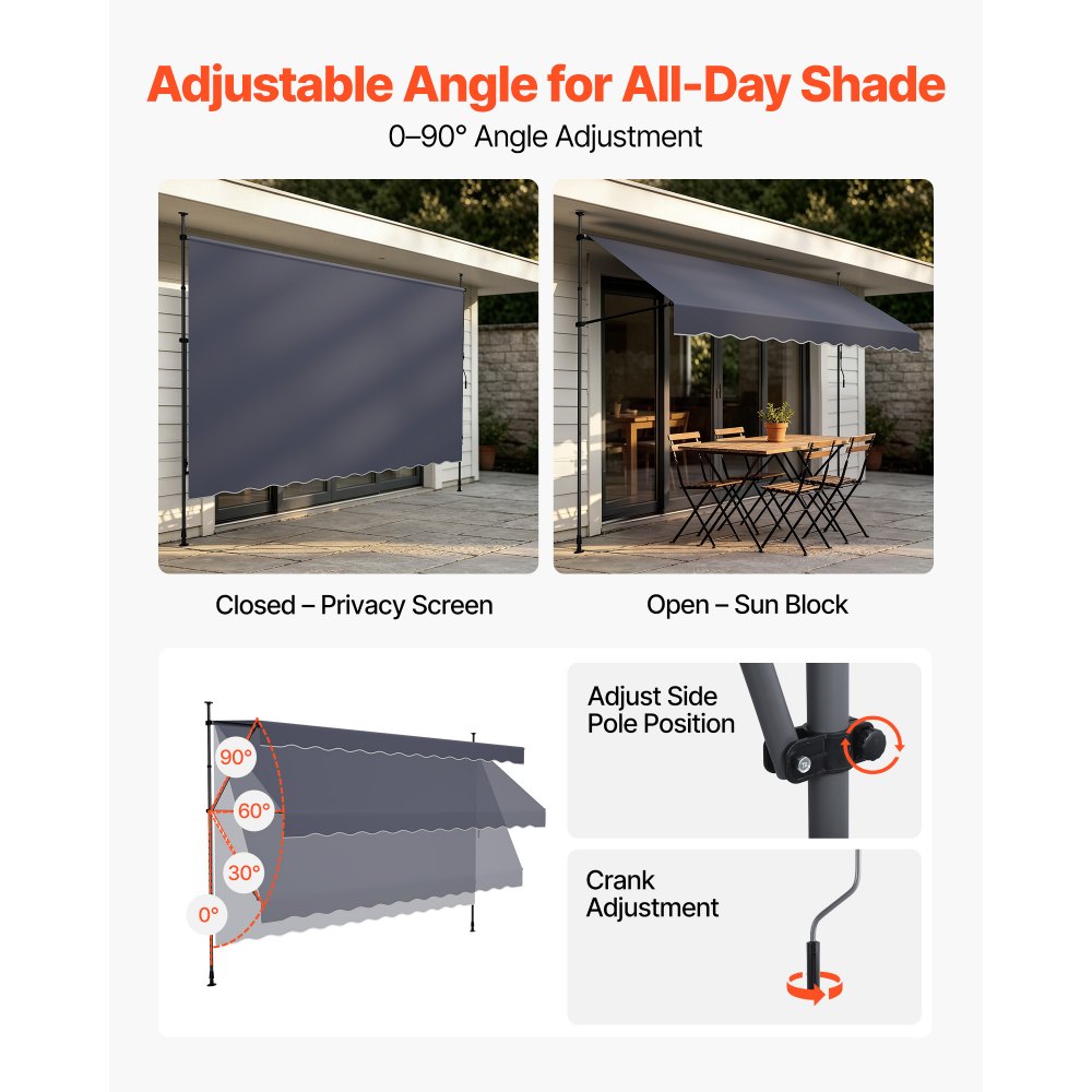 VEVOR Toldo Manual Retráctil 400 cm, Toldo Enrollable Exterior, Parasol Plegable Impermeable con Manivela Articulada, Altura Ajustable, Instalación sin Taladro, para Jardín Terraza Balcón, Gris Oscuro