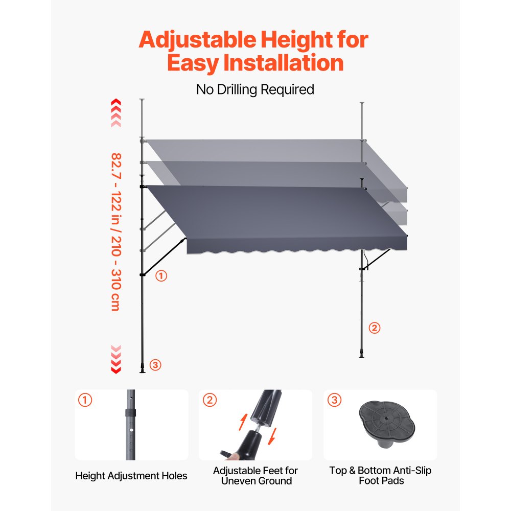 VEVOR Toldo Manual Retráctil 400 cm, Toldo Enrollable Exterior, Parasol Plegable Impermeable con Manivela Articulada, Altura Ajustable, Instalación sin Taladro, para Jardín Terraza Balcón, Gris Oscuro