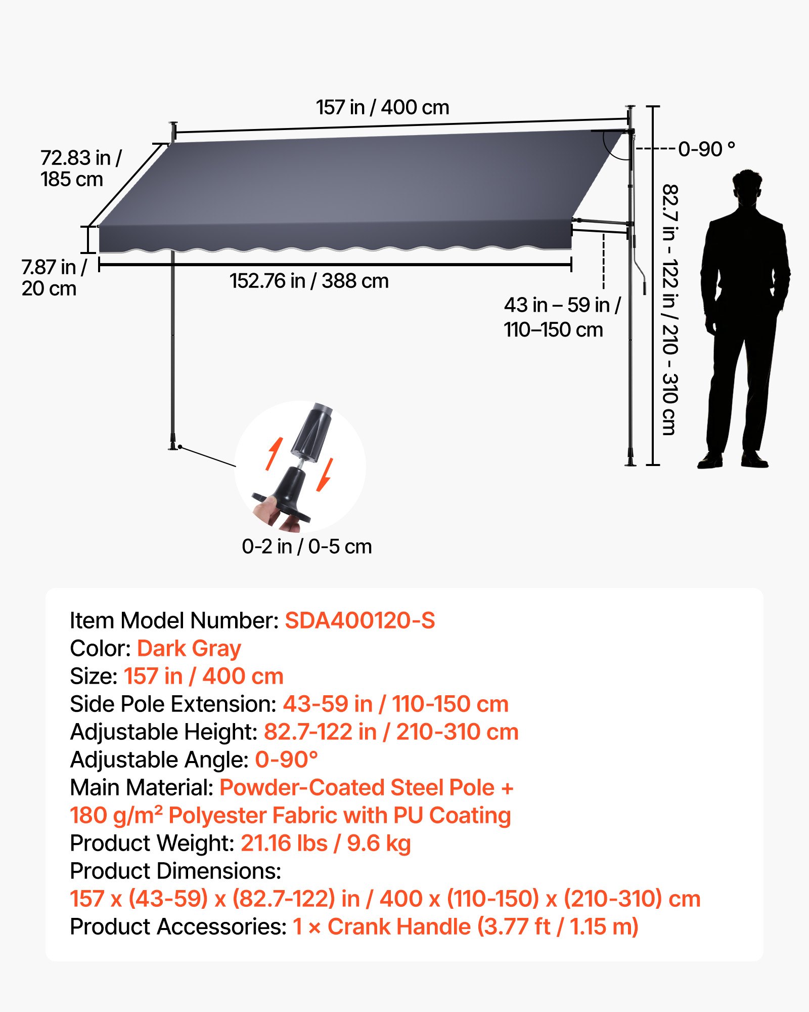 VEVOR Toldo Manual Retráctil 400 cm, Toldo Enrollable Exterior, Parasol Plegable Impermeable con Manivela Articulada, Altura Ajustable, Instalación sin Taladro, para Jardín Terraza Balcón, Gris Oscuro