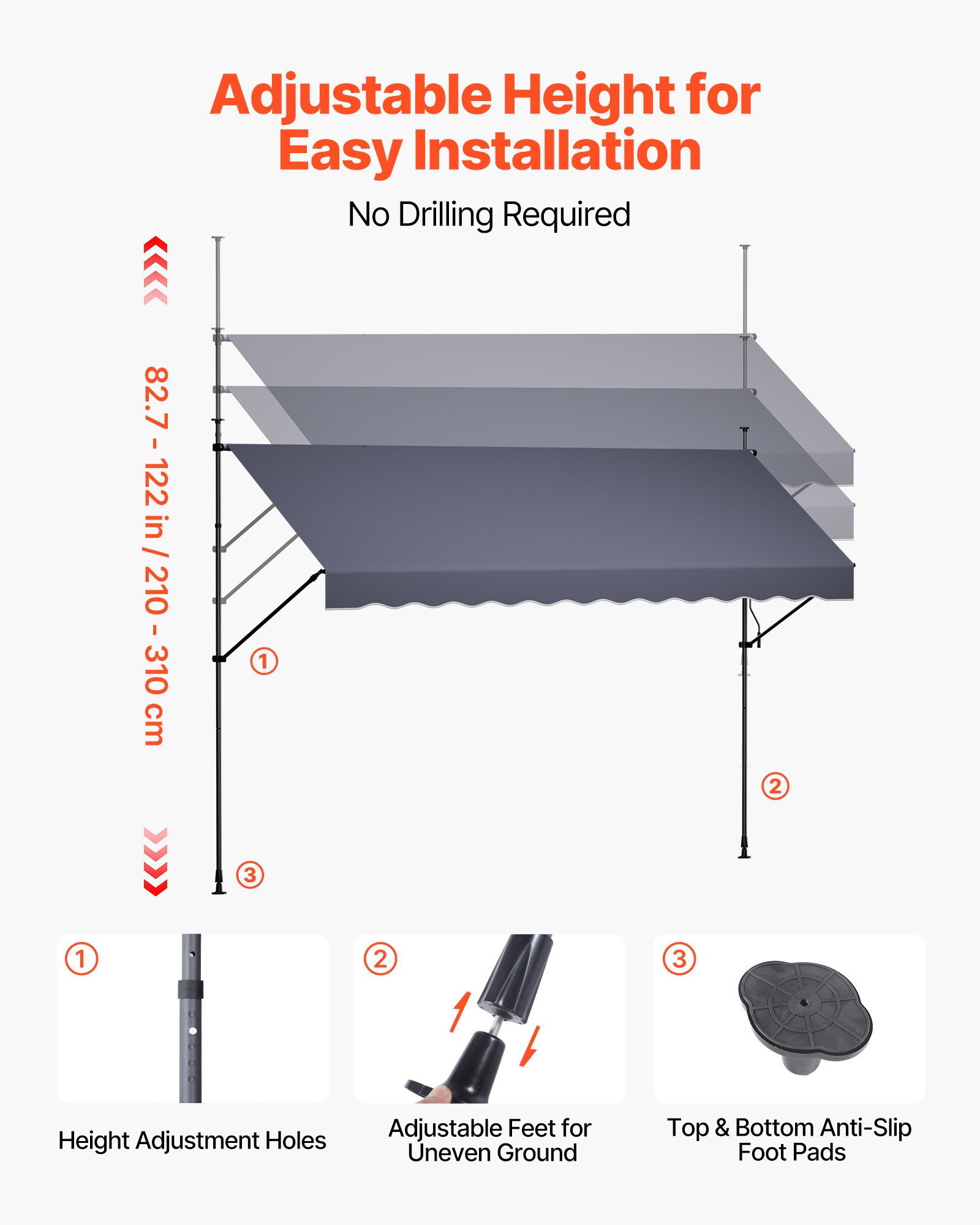 VEVOR Toldo Manual Retráctil 400 cm, Toldo Enrollable Exterior, Parasol Plegable Impermeable con Manivela Articulada, Altura Ajustable, Instalación sin Taladro, para Jardín Terraza Balcón, Gris Oscuro