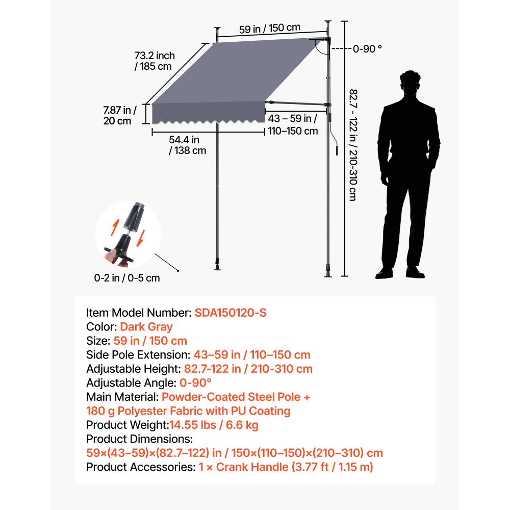 VEVOR Toldo Manual Retráctil 150 cm, Toldo Enrollable Exterior, Altura Ajustable 210 - 310 cm, Protección Solar, Manivela Articulada, sin Taladro, Parasol Impermeable para Jardín Patio Balcón Terraza