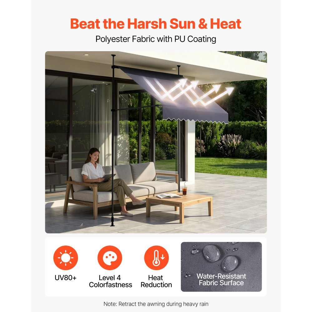 VEVOR Toldo Manual Retráctil 150 cm, Toldo Enrollable Exterior, Altura Ajustable 210 - 310 cm, Protección Solar, Manivela Articulada, sin Taladro, Parasol Impermeable para Jardín Patio Balcón Terraza