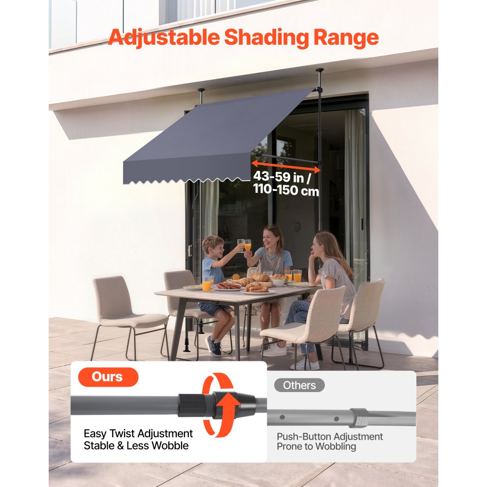 VEVOR Toldo Manual Retráctil 150 cm, Toldo Enrollable Exterior, Altura Ajustable 210 - 310 cm, Protección Solar, Manivela Articulada, sin Taladro, Parasol Impermeable para Jardín Patio Balcón Terraza