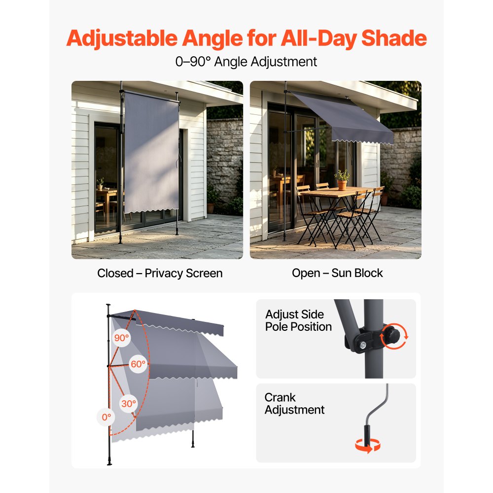 VEVOR Toldo Manual Retráctil 150 cm, Toldo Enrollable Exterior, Altura Ajustable 210 - 310 cm, Protección Solar, Manivela Articulada, sin Taladro, Parasol Impermeable para Jardín Patio Balcón Terraza