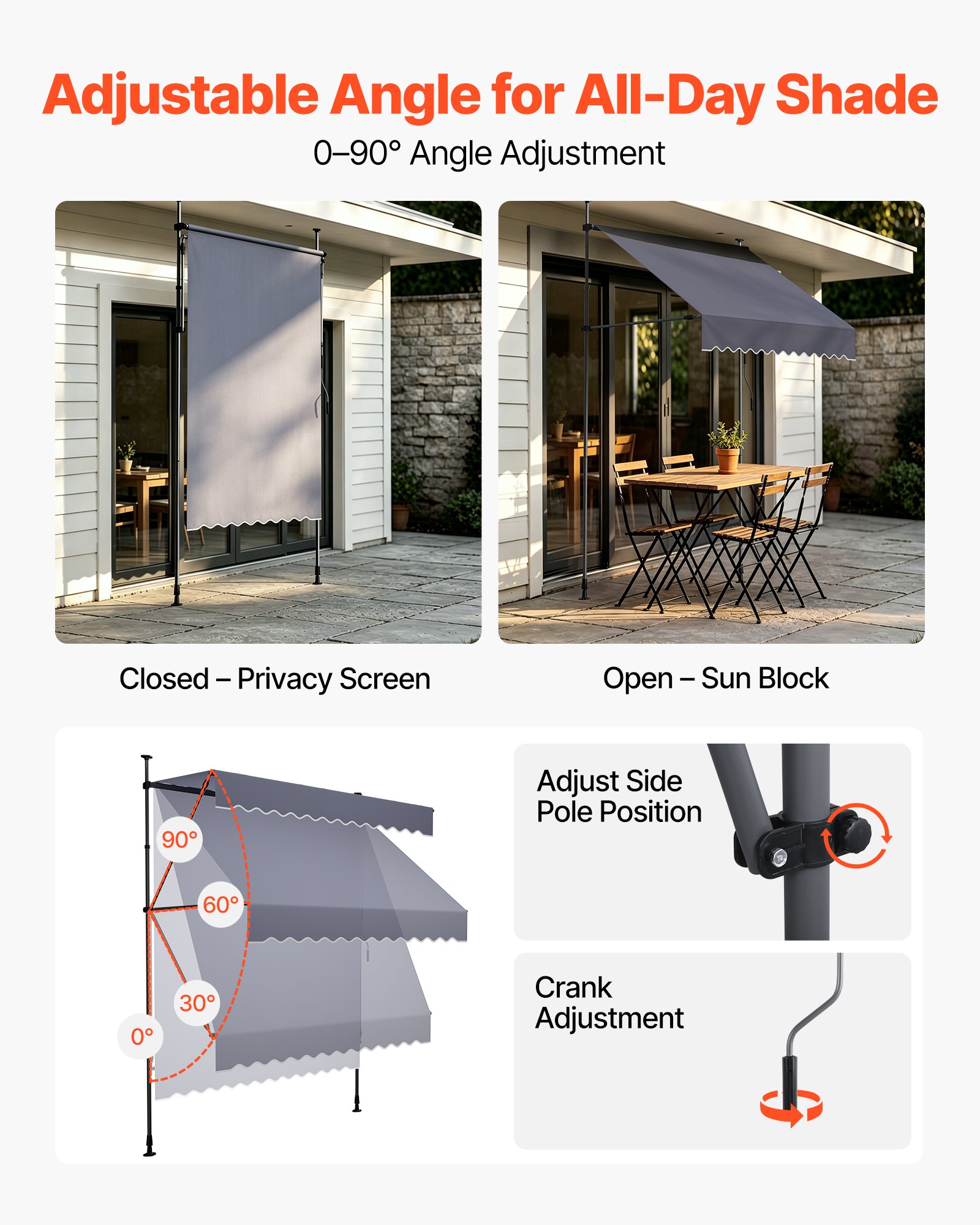 VEVOR Toldo Manual Retráctil 150 cm, Toldo Enrollable Exterior, Altura Ajustable 210 - 310 cm, Protección Solar, Manivela Articulada, sin Taladro, Parasol Impermeable para Jardín Patio Balcón Terraza