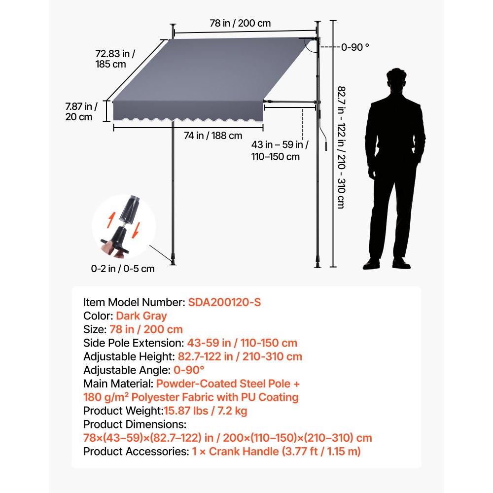 VEVOR Toldo Manual Retráctil 200 cm, Toldo Enrollable Exterior, Altura Ajustable de 210 - 310 cm, Manivela Articulada, Protección Solar UV, Instalación sin Taladro, para Jardín Patio Balcón Terraza