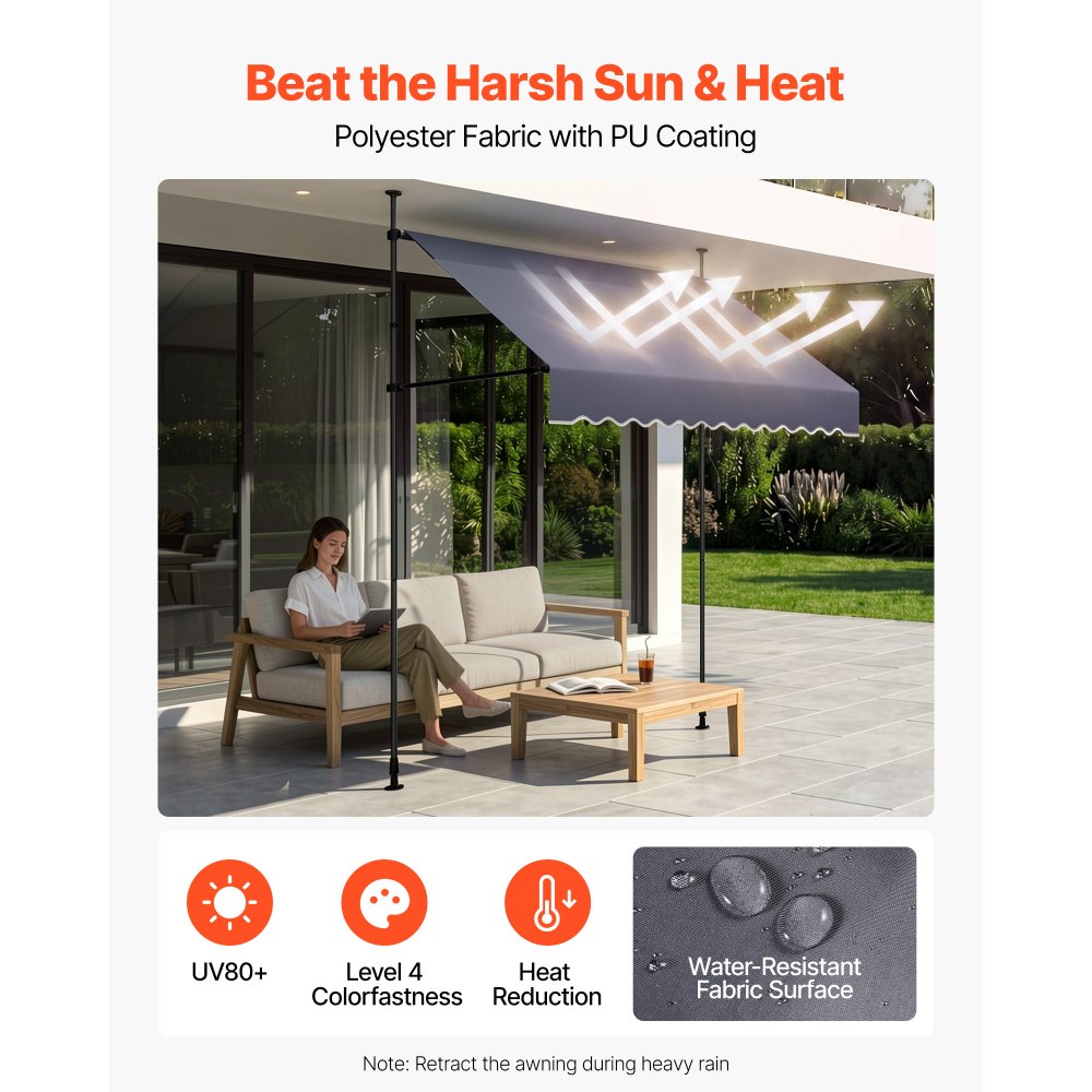VEVOR Toldo Manual Retráctil 200 cm, Toldo Enrollable Exterior, Altura Ajustable de 210 - 310 cm, Manivela Articulada, Protección Solar UV, Instalación sin Taladro, para Jardín Patio Balcón Terraza