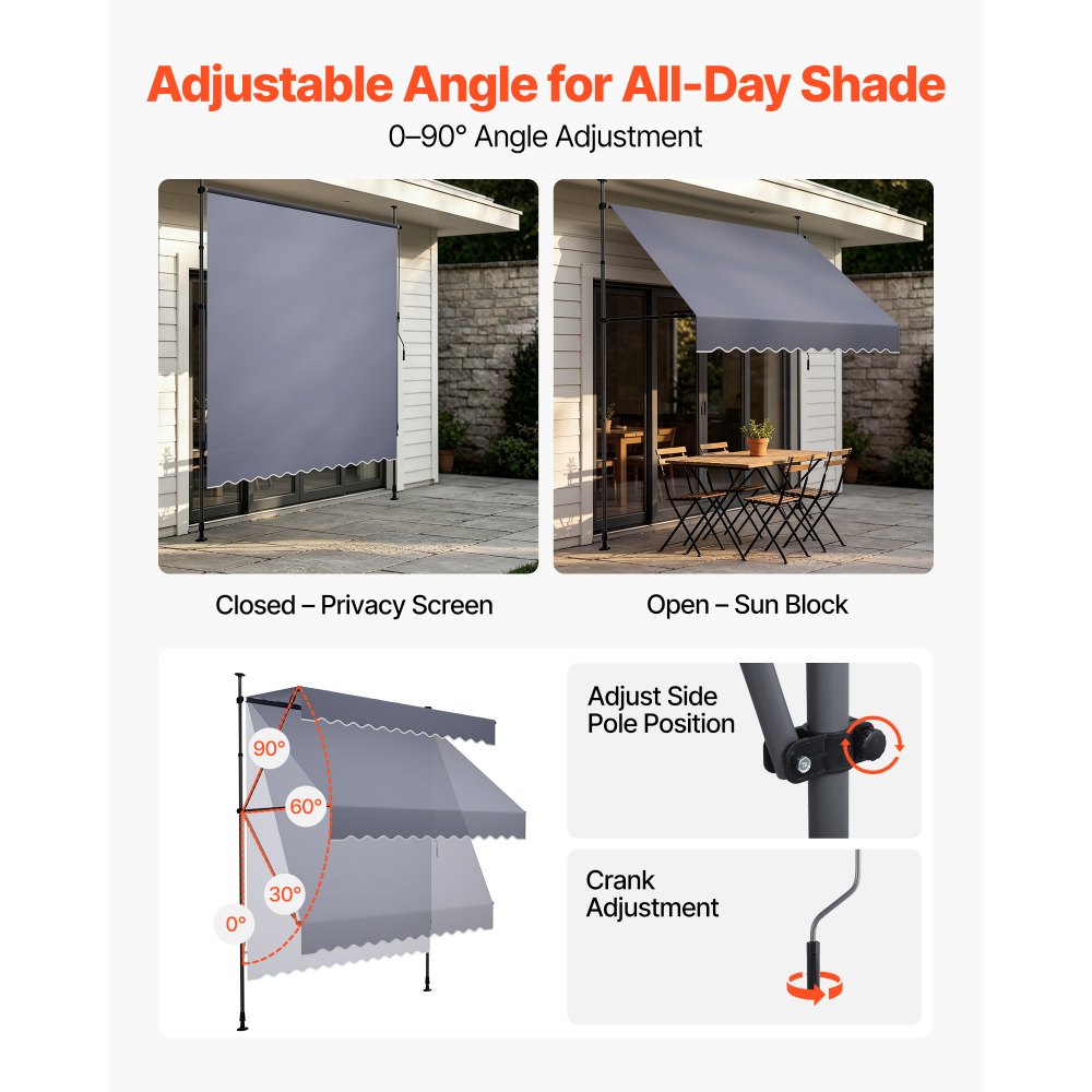 VEVOR Toldo Manual Retráctil 200 cm, Toldo Enrollable Exterior, Altura Ajustable de 210 - 310 cm, Manivela Articulada, Protección Solar UV, Instalación sin Taladro, para Jardín Patio Balcón Terraza