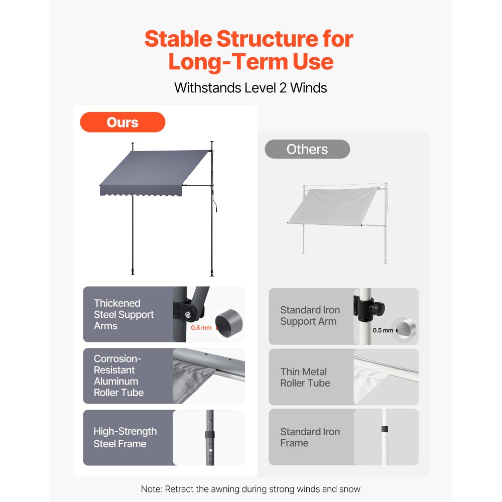 VEVOR Toldo Manual Retráctil 200 cm, Toldo Enrollable Exterior, Altura Ajustable de 210 - 310 cm, Manivela Articulada, Protección Solar UV, Instalación sin Taladro, para Jardín Patio Balcón Terraza