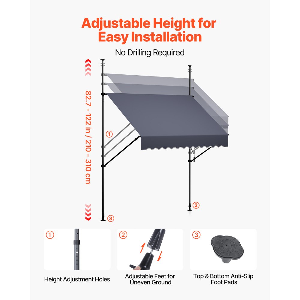 VEVOR Toldo Manual Retráctil 200 cm, Toldo Enrollable Exterior, Altura Ajustable de 210 - 310 cm, Manivela Articulada, Protección Solar UV, Instalación sin Taladro, para Jardín Patio Balcón Terraza