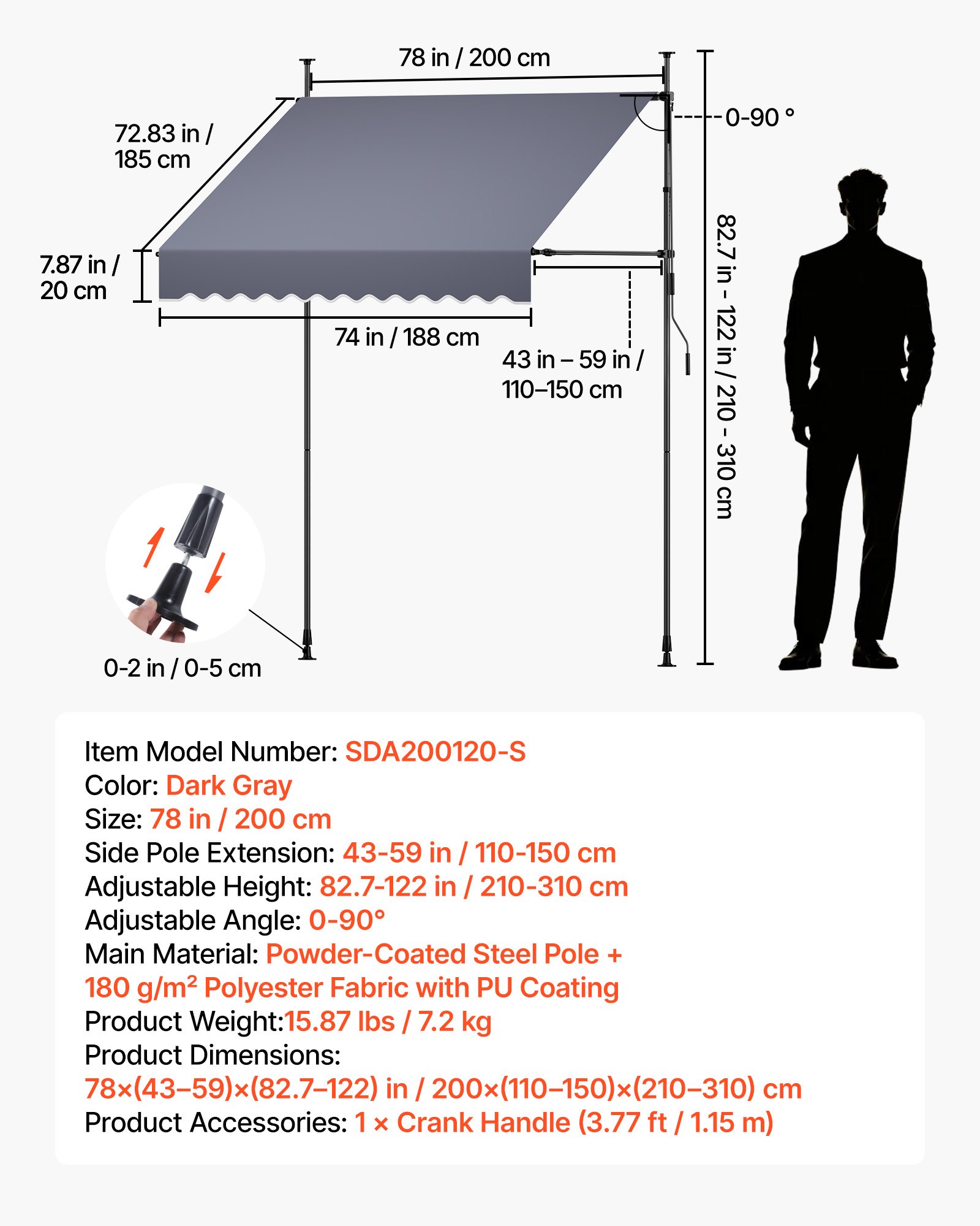 VEVOR Toldo Manual Retráctil 200 cm, Toldo Enrollable Exterior, Altura Ajustable de 210 - 310 cm, Manivela Articulada, Protección Solar UV, Instalación sin Taladro, para Jardín Patio Balcón Terraza