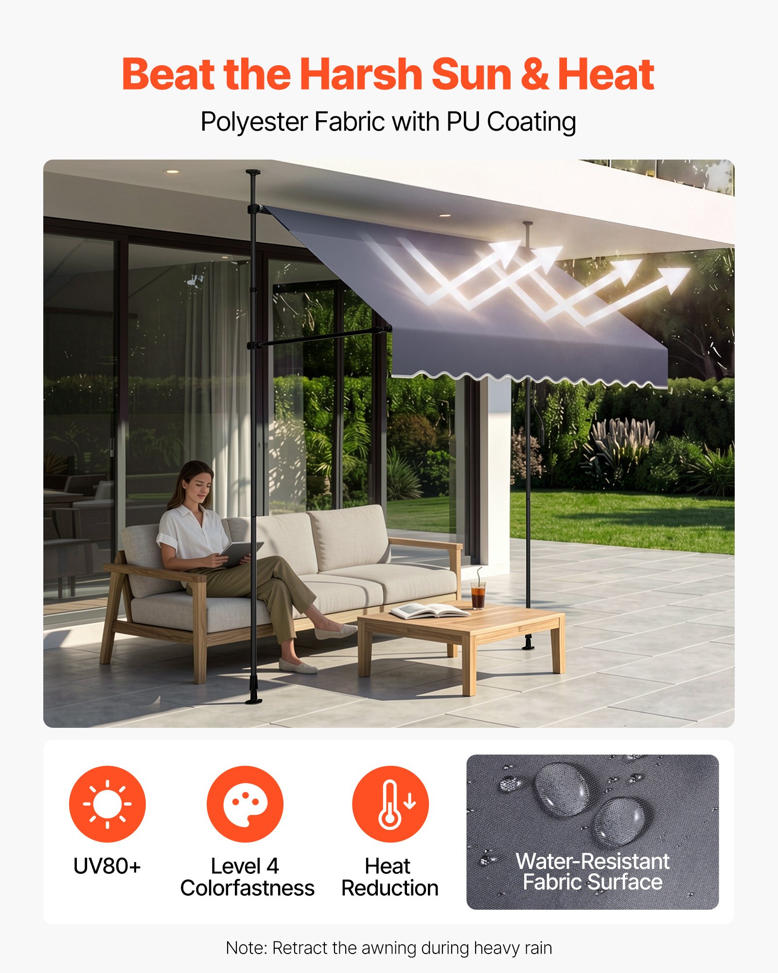 VEVOR Toldo Manual Retráctil 200 cm, Toldo Enrollable Exterior, Altura Ajustable de 210 - 310 cm, Manivela Articulada, Protección Solar UV, Instalación sin Taladro, para Jardín Patio Balcón Terraza