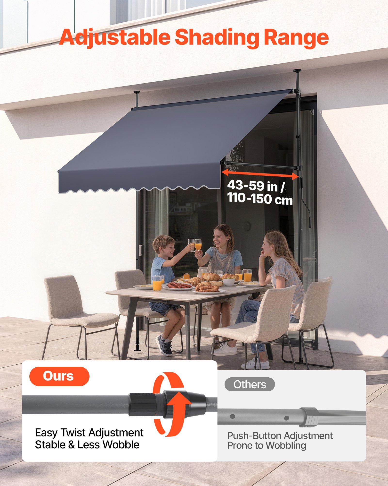 VEVOR Toldo Manual Retráctil 200 cm, Toldo Enrollable Exterior, Altura Ajustable de 210 - 310 cm, Manivela Articulada, Protección Solar UV, Instalación sin Taladro, para Jardín Patio Balcón Terraza