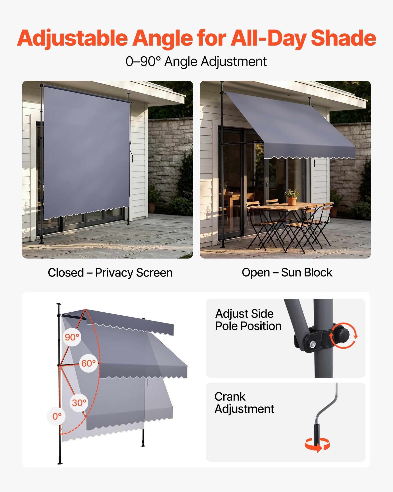 VEVOR Toldo Manual Retráctil 200 cm, Toldo Enrollable Exterior, Altura Ajustable de 210 - 310 cm, Manivela Articulada, Protección Solar UV, Instalación sin Taladro, para Jardín Patio Balcón Terraza
