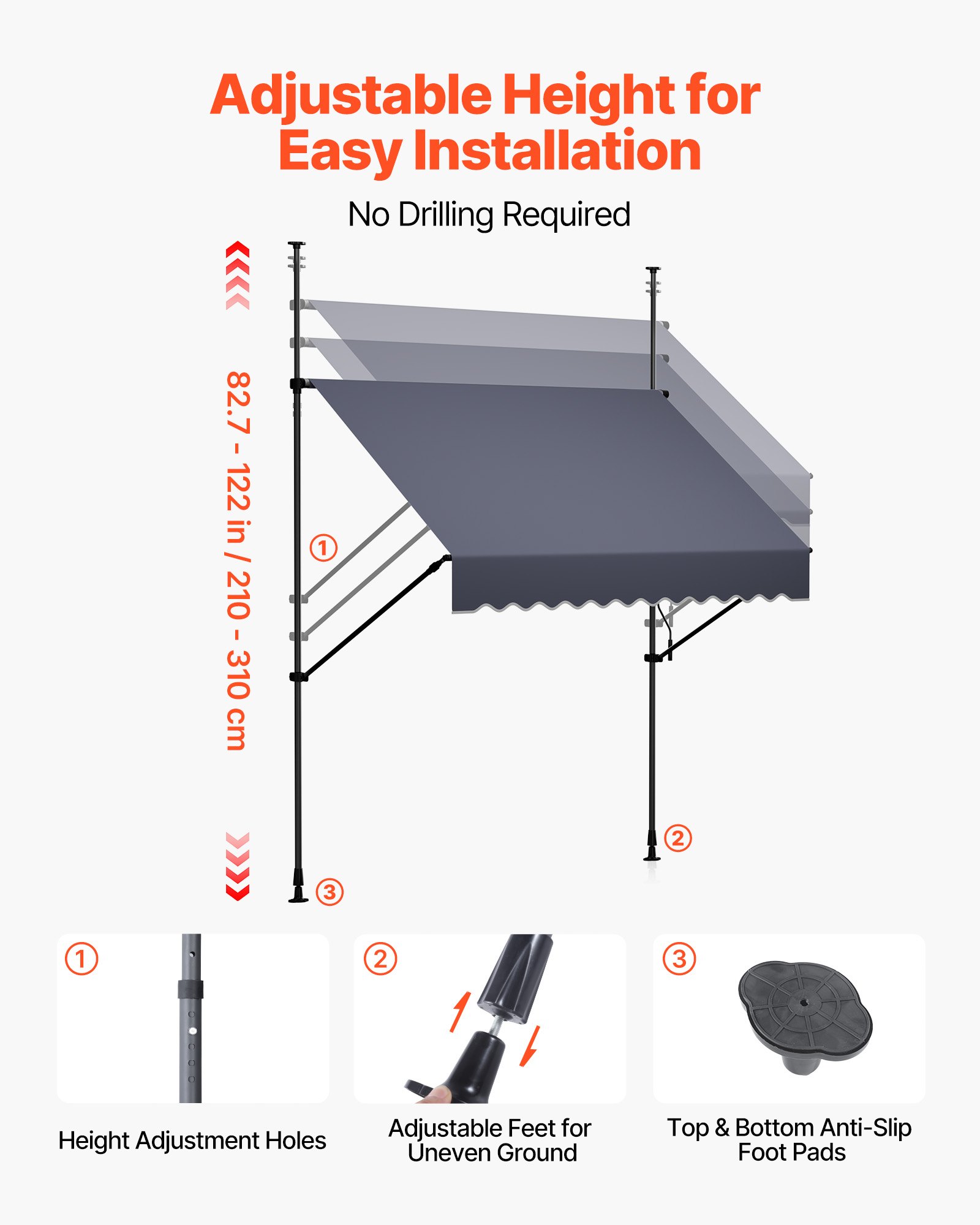 VEVOR Toldo Manual Retráctil 200 cm, Toldo Enrollable Exterior, Altura Ajustable de 210 - 310 cm, Manivela Articulada, Protección Solar UV, Instalación sin Taladro, para Jardín Patio Balcón Terraza