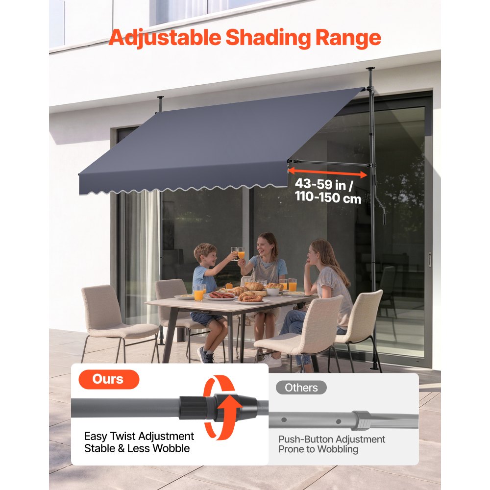 VEVOR Toldo Manual Retráctil 250 cm, Toldo Enrollable Exterior, Altura Ajustable, Protección Solar UV, Estructura de Aluminio, Manivela Articulada, Instalación sin Taladro, Parasol para Jardín Balcón