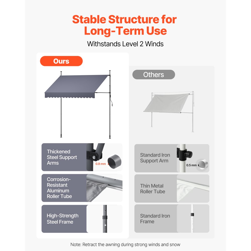 VEVOR Toldo Manual Retráctil 250 cm, Toldo Enrollable Exterior, Altura Ajustable, Protección Solar UV, Estructura de Aluminio, Manivela Articulada, Instalación sin Taladro, Parasol para Jardín Balcón
