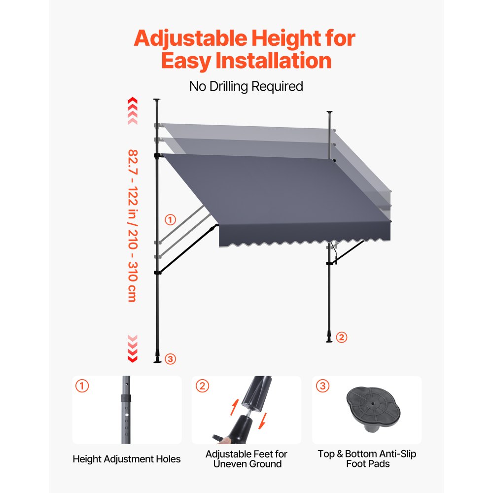 VEVOR Toldo Manual Retráctil 250 cm, Toldo Enrollable Exterior, Altura Ajustable, Protección Solar UV, Estructura de Aluminio, Manivela Articulada, Instalación sin Taladro, Parasol para Jardín Balcón