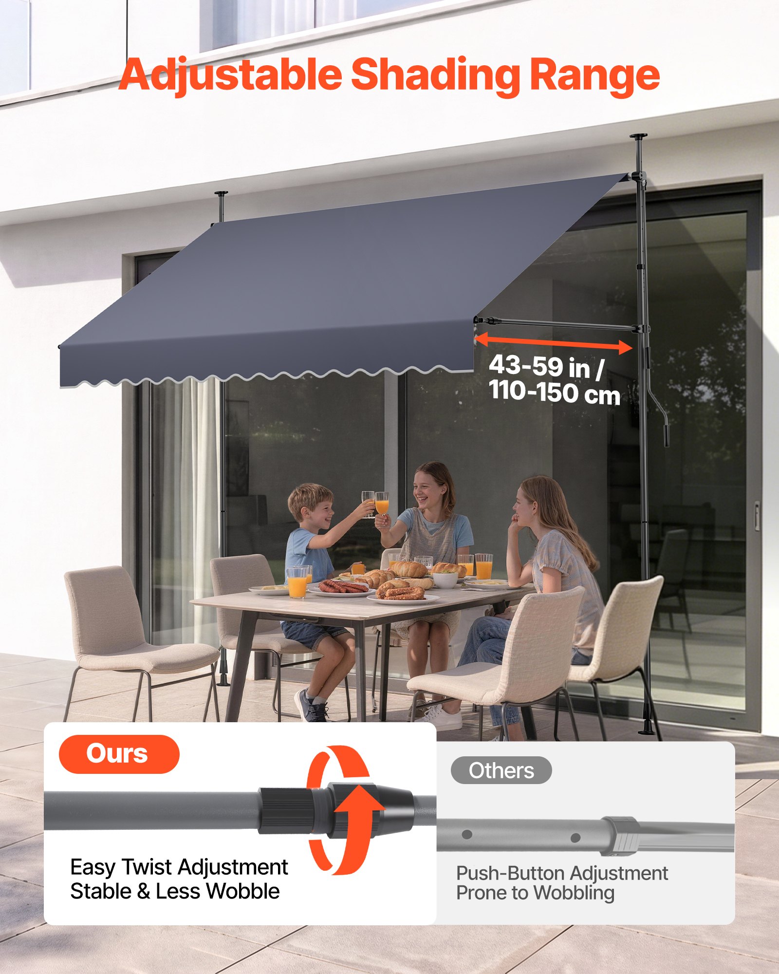 VEVOR Toldo Manual Retráctil 250 cm, Toldo Enrollable Exterior, Altura Ajustable, Protección Solar UV, Estructura de Aluminio, Manivela Articulada, Instalación sin Taladro, Parasol para Jardín Balcón
