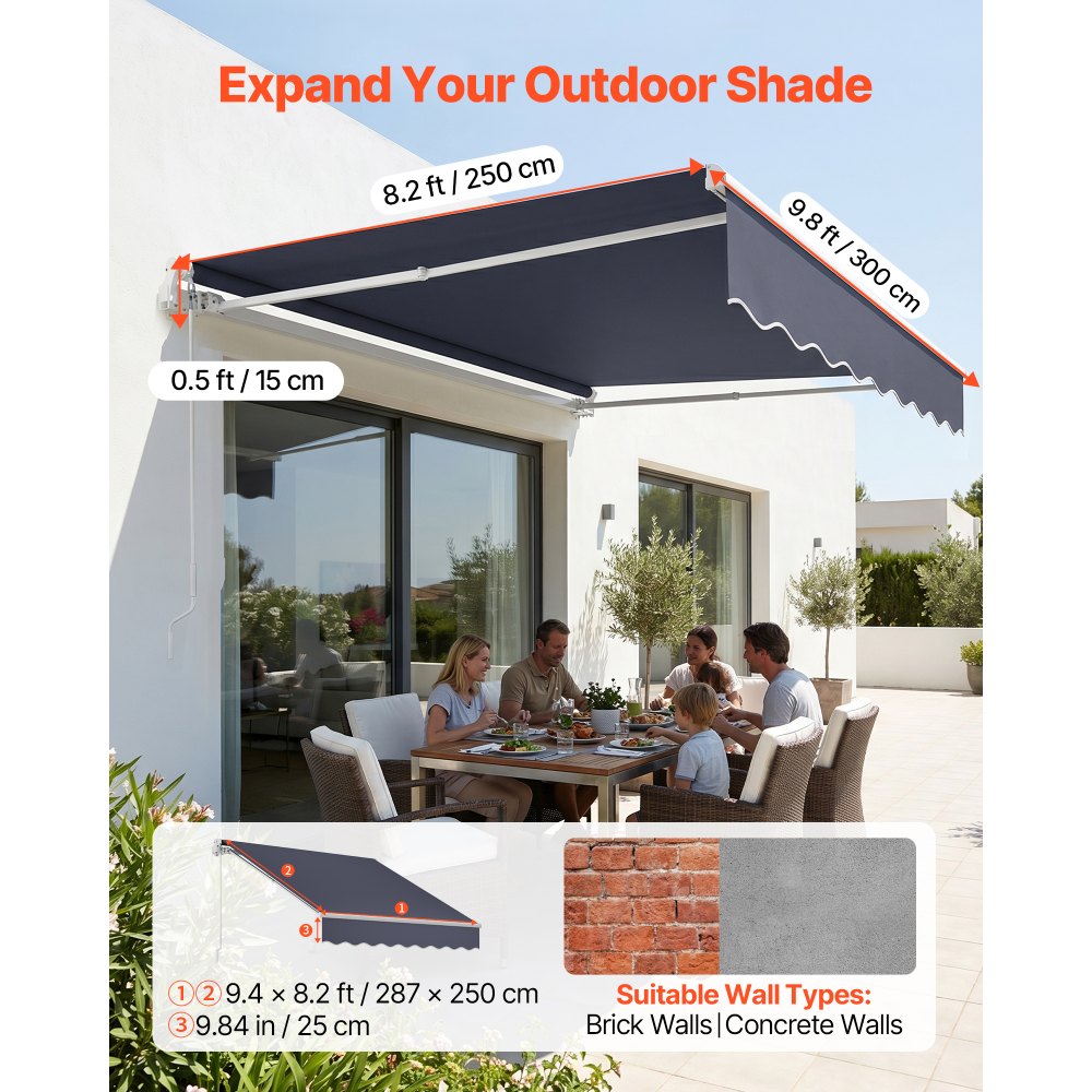 VEVOR Toldo Manual Retráctil 300 x 250 cm, Toldo Enrollable Exterior con Manivela Articulada, Soporte de Aluminio, Ángulo Ajustable, Protección Solar, para Jardín Patio Balcón Terraza, Gris Oscuro
