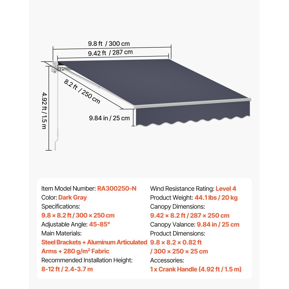 VEVOR Toldo Manual Retráctil 300 x 250 cm, Toldo Enrollable Exterior con Manivela Articulada, Soporte de Aluminio, Ángulo Ajustable, Protección Solar, para Jardín Patio Balcón Terraza, Gris Oscuro