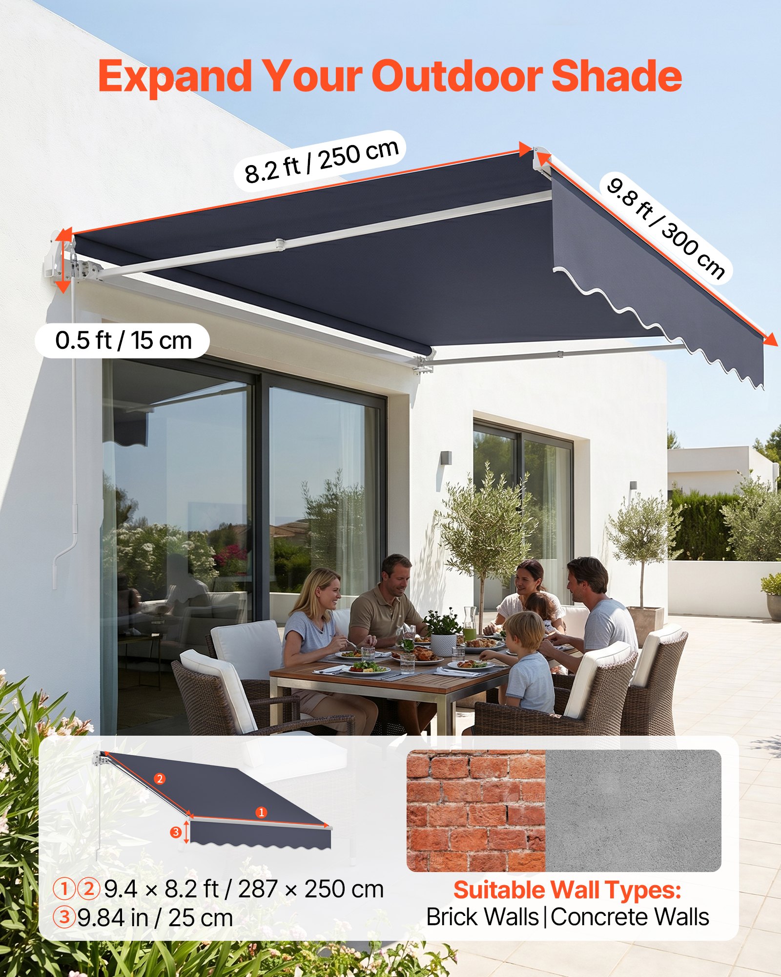 VEVOR Toldo Manual Retráctil 300 x 250 cm, Toldo Enrollable Exterior con Manivela Articulada, Soporte de Aluminio, Ángulo Ajustable, Protección Solar, para Jardín Patio Balcón Terraza, Gris Oscuro