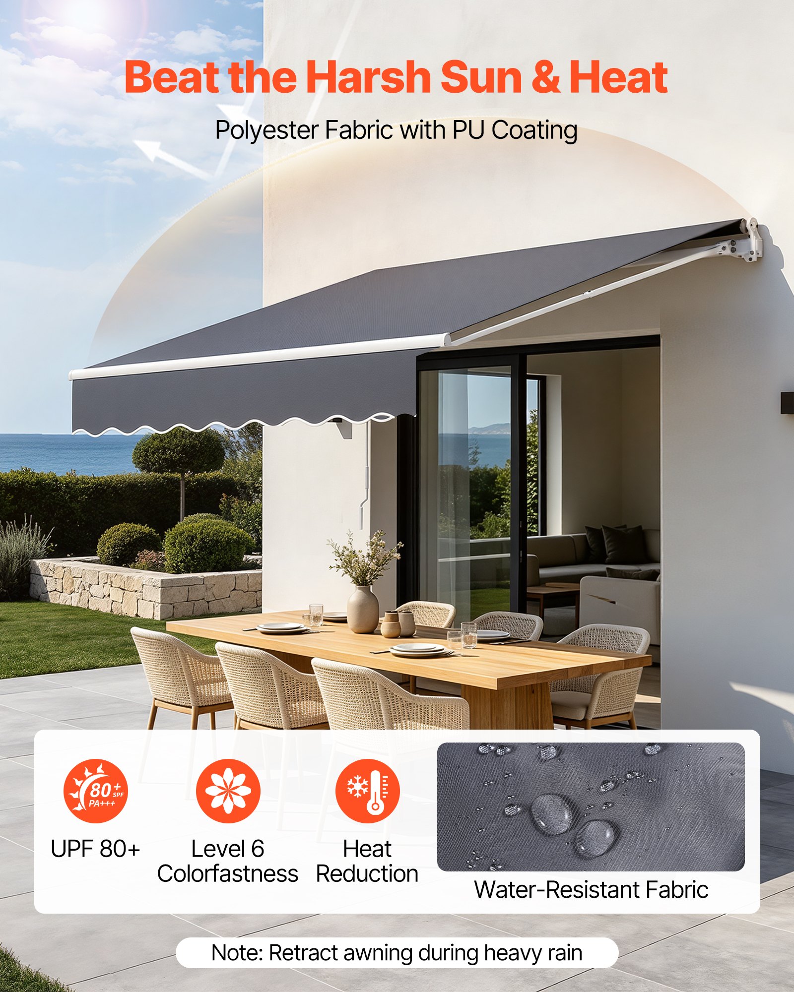 VEVOR Toldo Manual Retráctil 300 x 250 cm, Toldo Enrollable Exterior con Manivela Articulada, Soporte de Aluminio, Ángulo Ajustable, Protección Solar, para Jardín Patio Balcón Terraza, Gris Oscuro