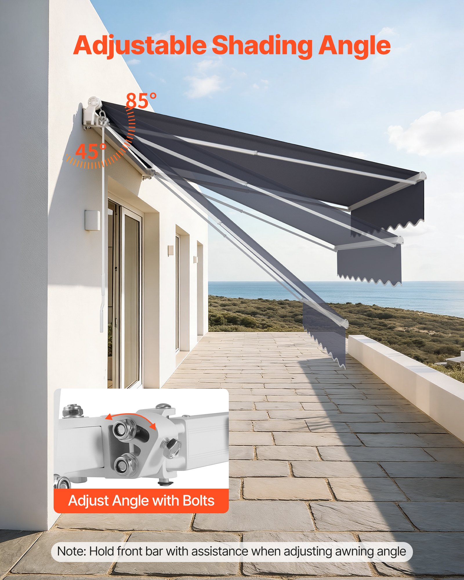 VEVOR Toldo Manual Retráctil 300 x 250 cm, Toldo Enrollable Exterior con Manivela Articulada, Soporte de Aluminio, Ángulo Ajustable, Protección Solar, para Jardín Patio Balcón Terraza, Gris Oscuro