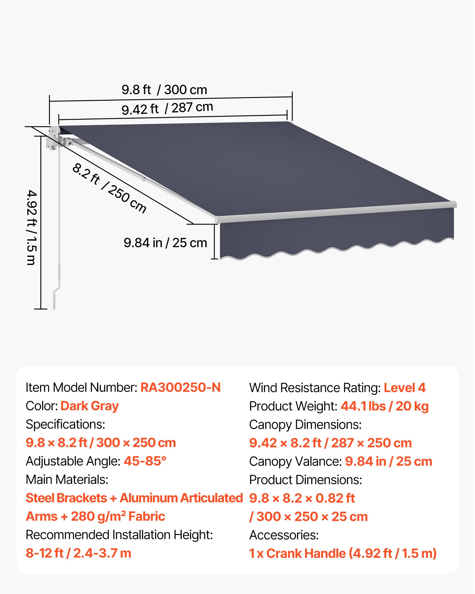 VEVOR Toldo Manual Retráctil 300 x 250 cm, Toldo Enrollable Exterior con Manivela Articulada, Soporte de Aluminio, Ángulo Ajustable, Protección Solar, para Jardín Patio Balcón Terraza, Gris Oscuro