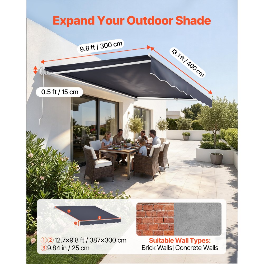 VEVOR Toldo Manual Retráctil 400 x 300 cm, Toldo Enrollable Exterior, Parasol Impermeable con Manivela Articulada, Protección Solar, Ángulo Ajustable, para Patio Balcón Terraza Ventana, Gris Oscuro