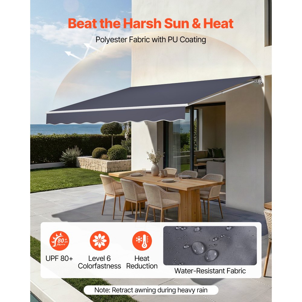 VEVOR Toldo Manual Retráctil 400 x 300 cm, Toldo Enrollable Exterior, Parasol Impermeable con Manivela Articulada, Protección Solar, Ángulo Ajustable, para Patio Balcón Terraza Ventana, Gris Oscuro