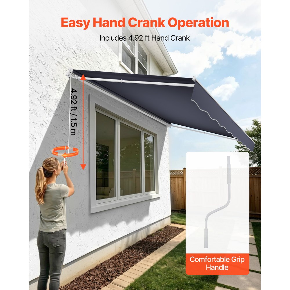 VEVOR Toldo Manual Retráctil 400 x 300 cm, Toldo Enrollable Exterior, Parasol Impermeable con Manivela Articulada, Protección Solar, Ángulo Ajustable, para Patio Balcón Terraza Ventana, Gris Oscuro