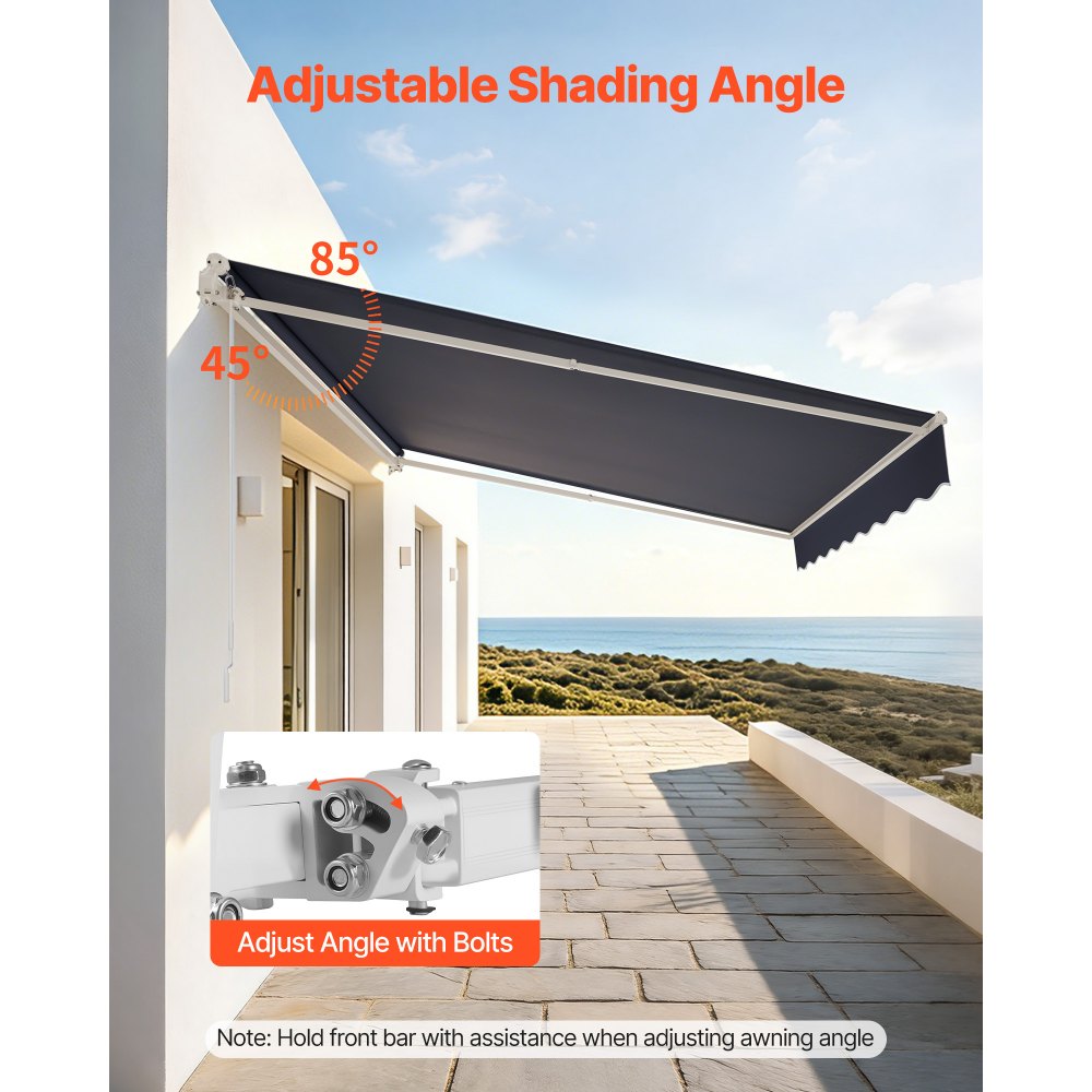VEVOR Toldo Manual Retráctil 400 x 300 cm, Toldo Enrollable Exterior, Parasol Impermeable con Manivela Articulada, Protección Solar, Ángulo Ajustable, para Patio Balcón Terraza Ventana, Gris Oscuro