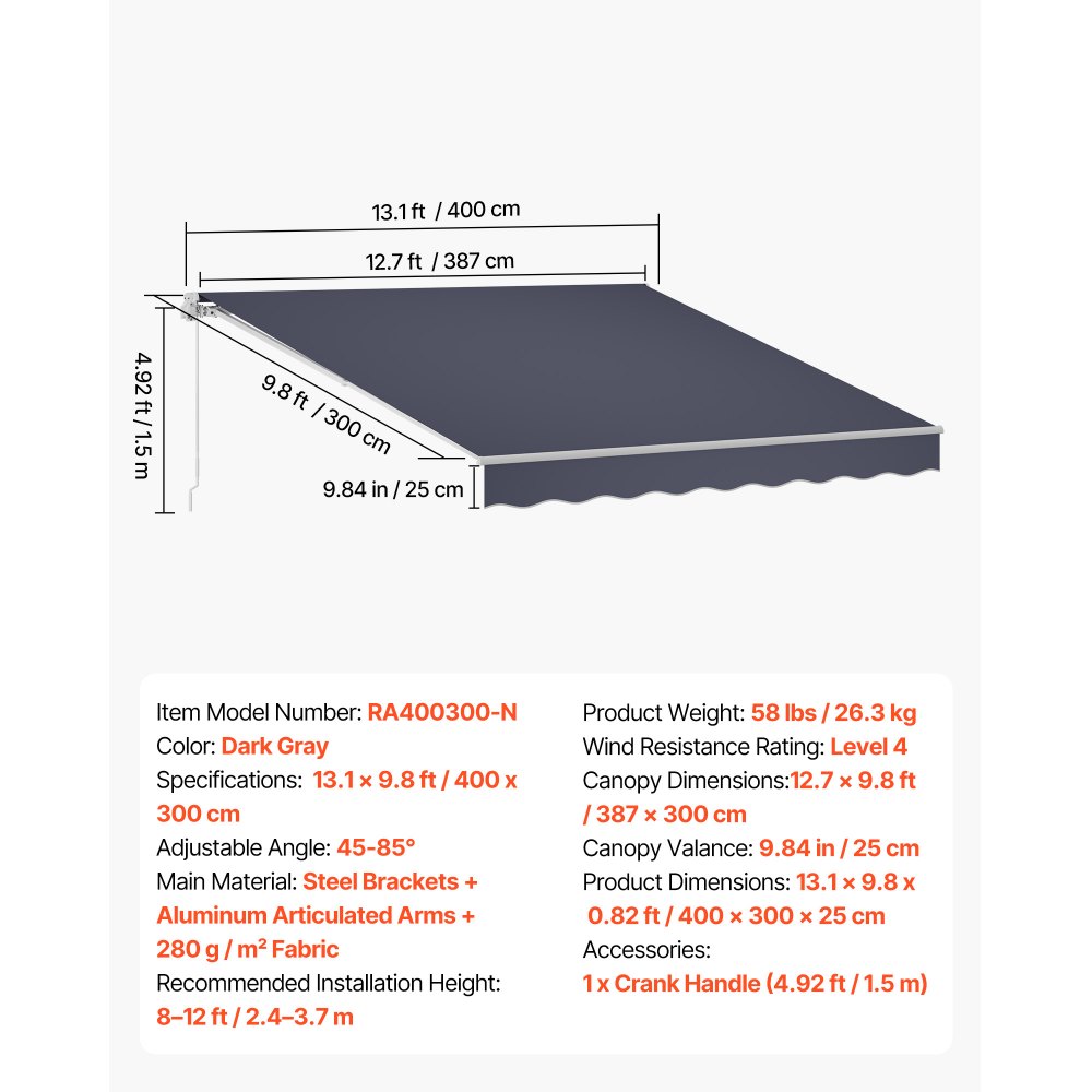 VEVOR Toldo Manual Retráctil 400 x 300 cm, Toldo Enrollable Exterior, Parasol Impermeable con Manivela Articulada, Protección Solar, Ángulo Ajustable, para Patio Balcón Terraza Ventana, Gris Oscuro