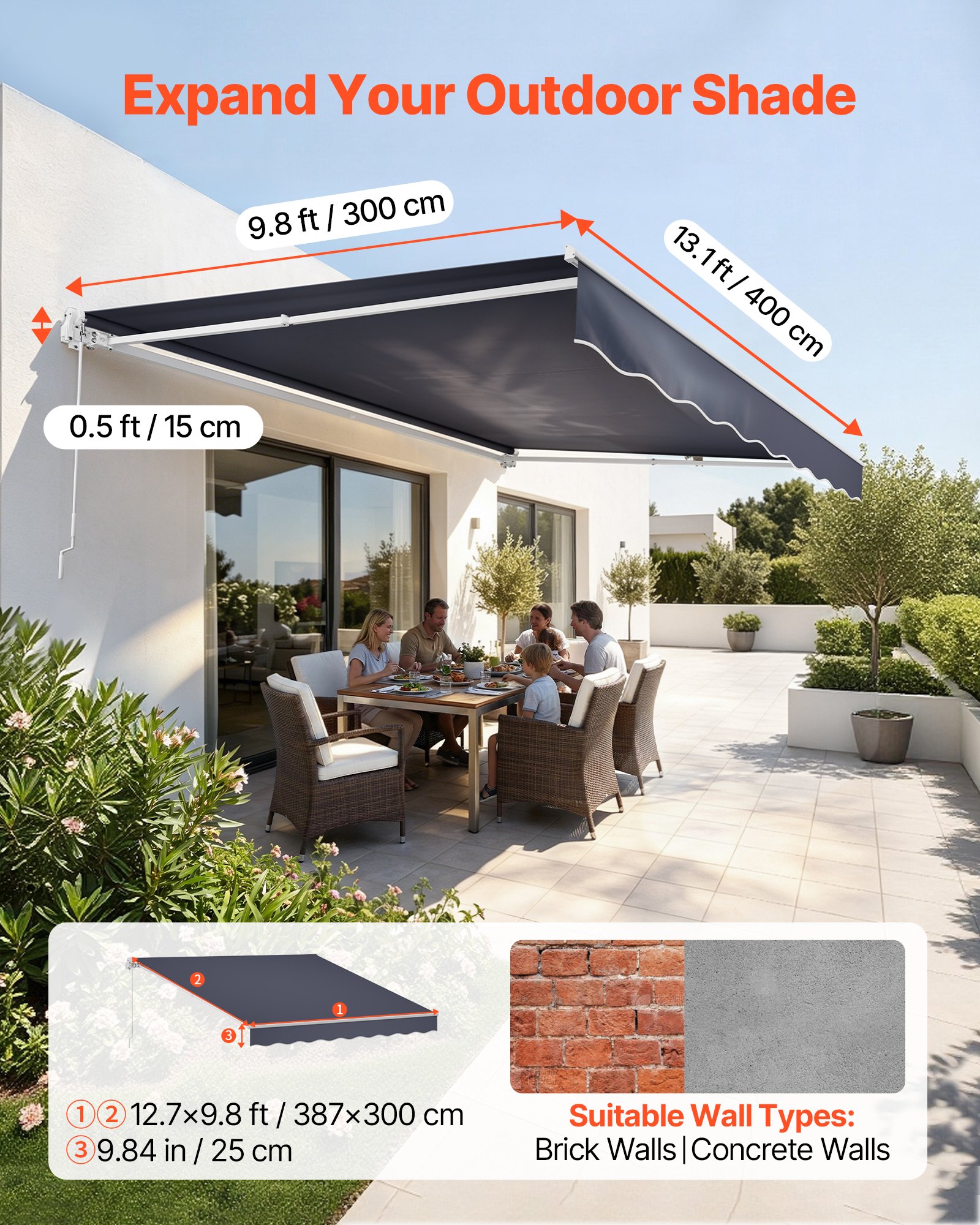 VEVOR Toldo Manual Retráctil 400 x 300 cm, Toldo Enrollable Exterior, Parasol Impermeable con Manivela Articulada, Protección Solar, Ángulo Ajustable, para Patio Balcón Terraza Ventana, Gris Oscuro