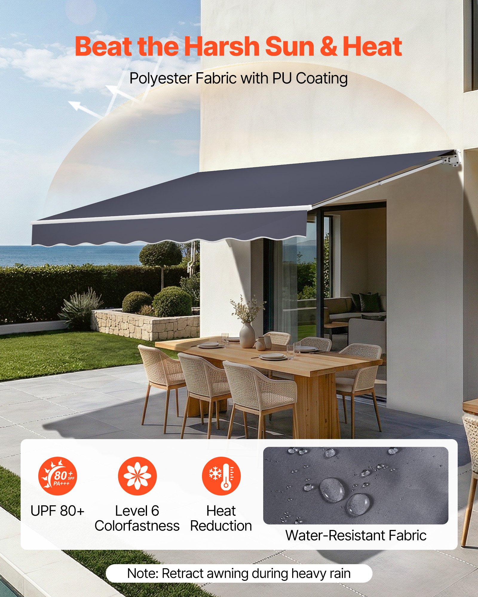VEVOR Toldo Manual Retráctil 400 x 300 cm, Toldo Enrollable Exterior, Parasol Impermeable con Manivela Articulada, Protección Solar, Ángulo Ajustable, para Patio Balcón Terraza Ventana, Gris Oscuro