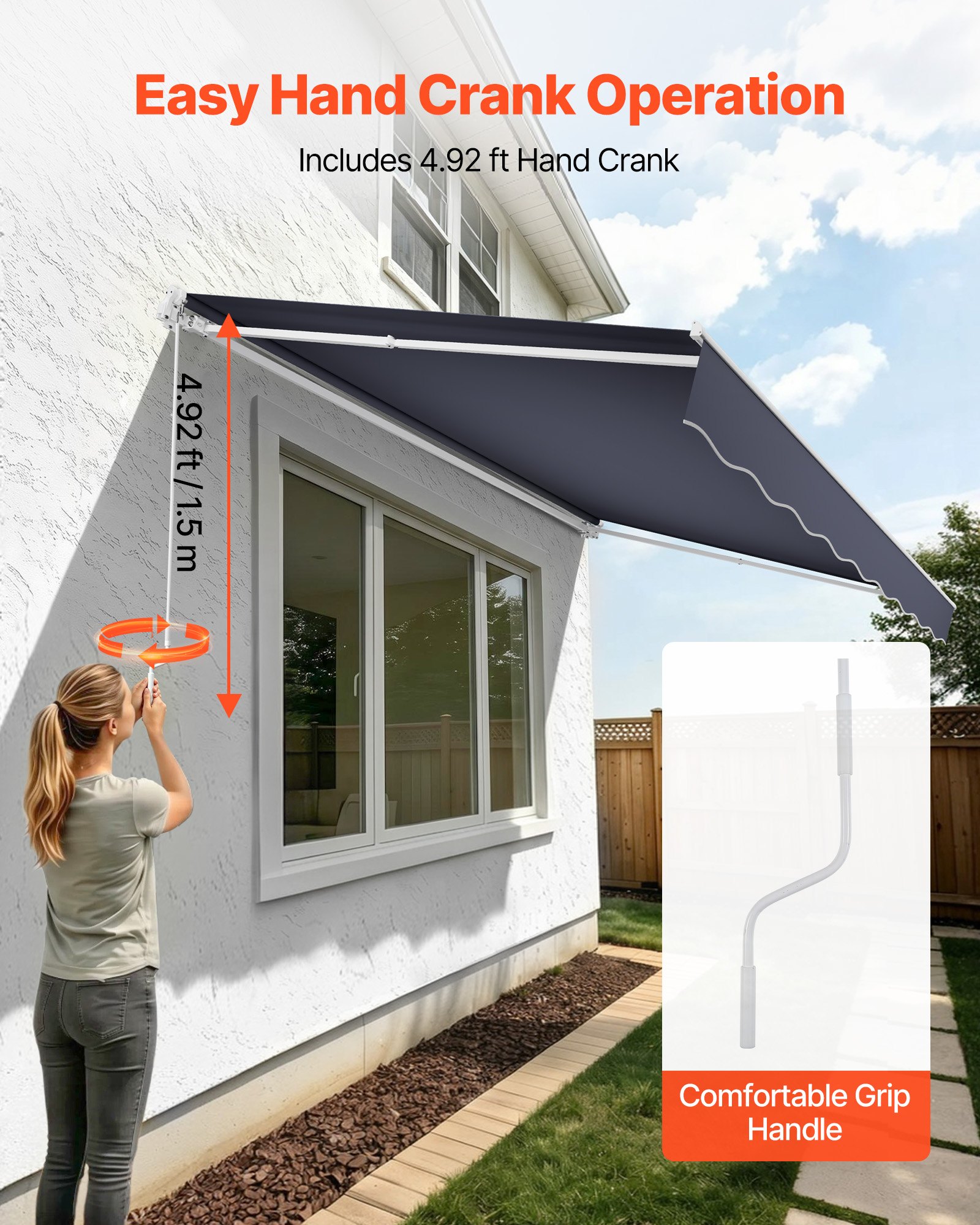 VEVOR Toldo Manual Retráctil 400 x 300 cm, Toldo Enrollable Exterior, Parasol Impermeable con Manivela Articulada, Protección Solar, Ángulo Ajustable, para Patio Balcón Terraza Ventana, Gris Oscuro
