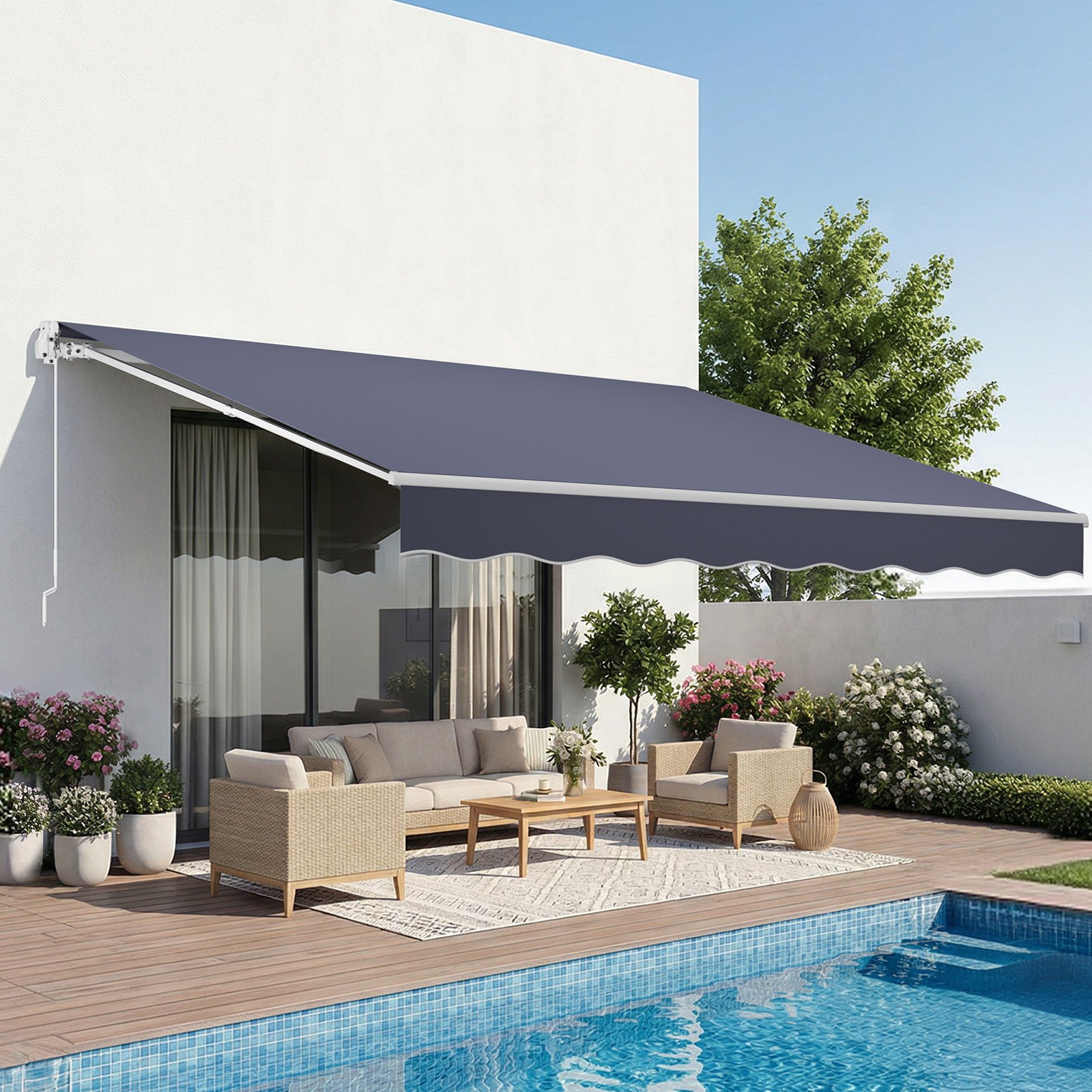 VEVOR Toldo Manual Retráctil 400 x 300 cm, Toldo Enrollable Exterior, Parasol Impermeable con Manivela Articulada, Protección Solar, Ángulo Ajustable, para Patio Balcón Terraza Ventana, Gris Oscuro
