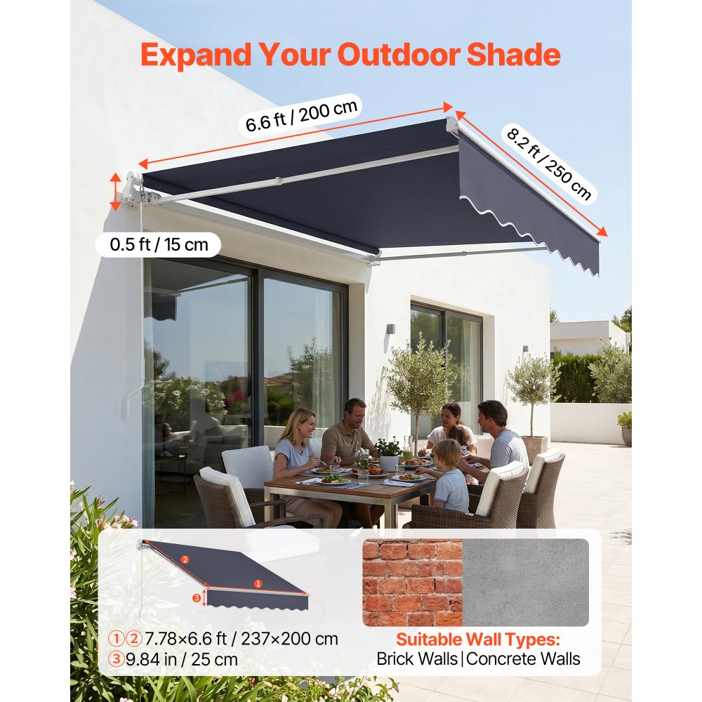 VEVOR Toldo Manual Retráctil 250 x 200 cm, Toldo Enrollable Exterior, Manivela Articulada, Estructura de Aluminio, Protección Solar UV, con Kit Completo de Instalación, para Jardín Patio Balcón, Gris