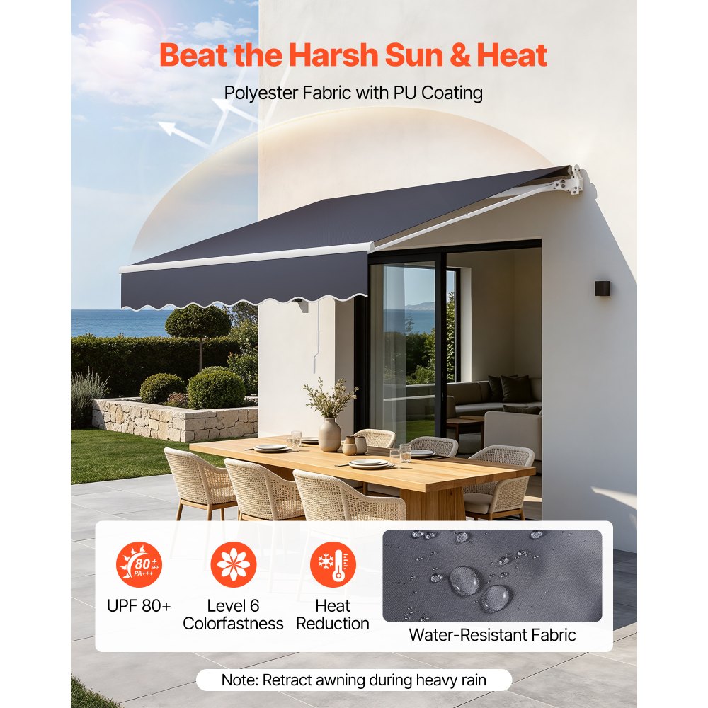 VEVOR Toldo Manual Retráctil 250 x 200 cm, Toldo Enrollable Exterior, Manivela Articulada, Estructura de Aluminio, Protección Solar UV, con Kit Completo de Instalación, para Jardín Patio Balcón, Gris