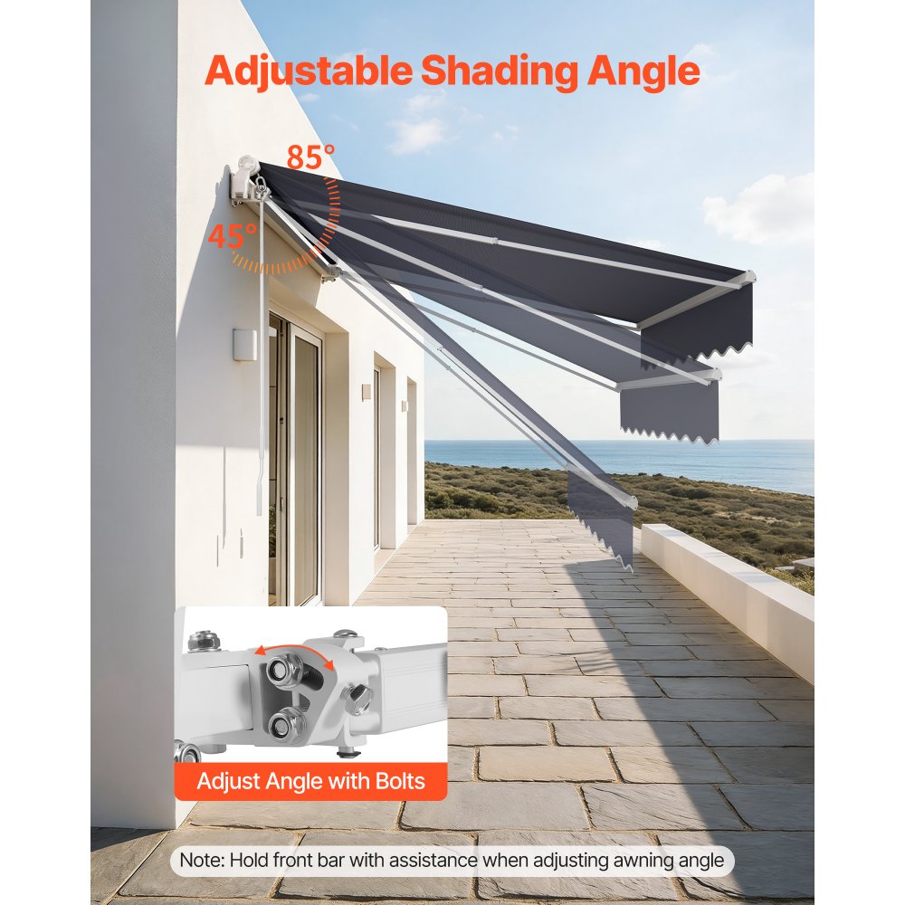VEVOR Toldo Manual Retráctil 250 x 200 cm, Toldo Enrollable Exterior, Manivela Articulada, Estructura de Aluminio, Protección Solar UV, con Kit Completo de Instalación, para Jardín Patio Balcón, Gris