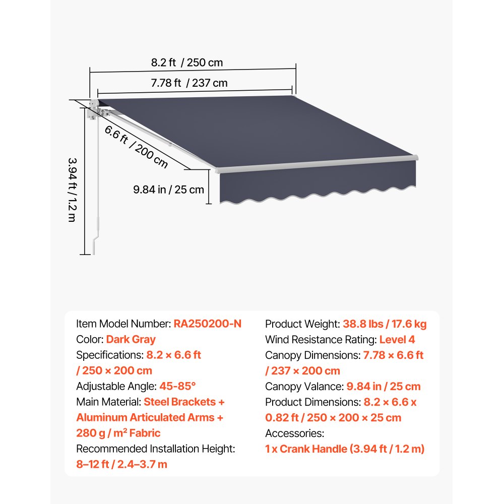 VEVOR Toldo Manual Retráctil 250 x 200 cm, Toldo Enrollable Exterior, Manivela Articulada, Estructura de Aluminio, Protección Solar UV, con Kit Completo de Instalación, para Jardín Patio Balcón, Gris