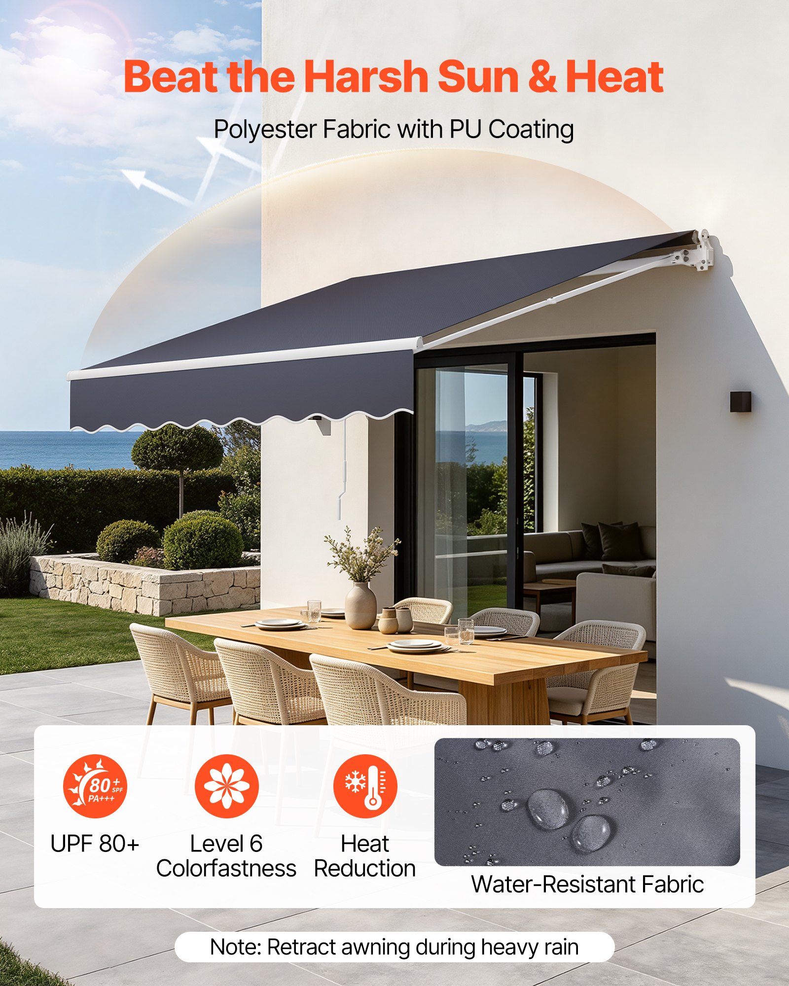 VEVOR Toldo Manual Retráctil 250 x 200 cm, Toldo Enrollable Exterior, Manivela Articulada, Estructura de Aluminio, Protección Solar UV, con Kit Completo de Instalación, para Jardín Patio Balcón, Gris