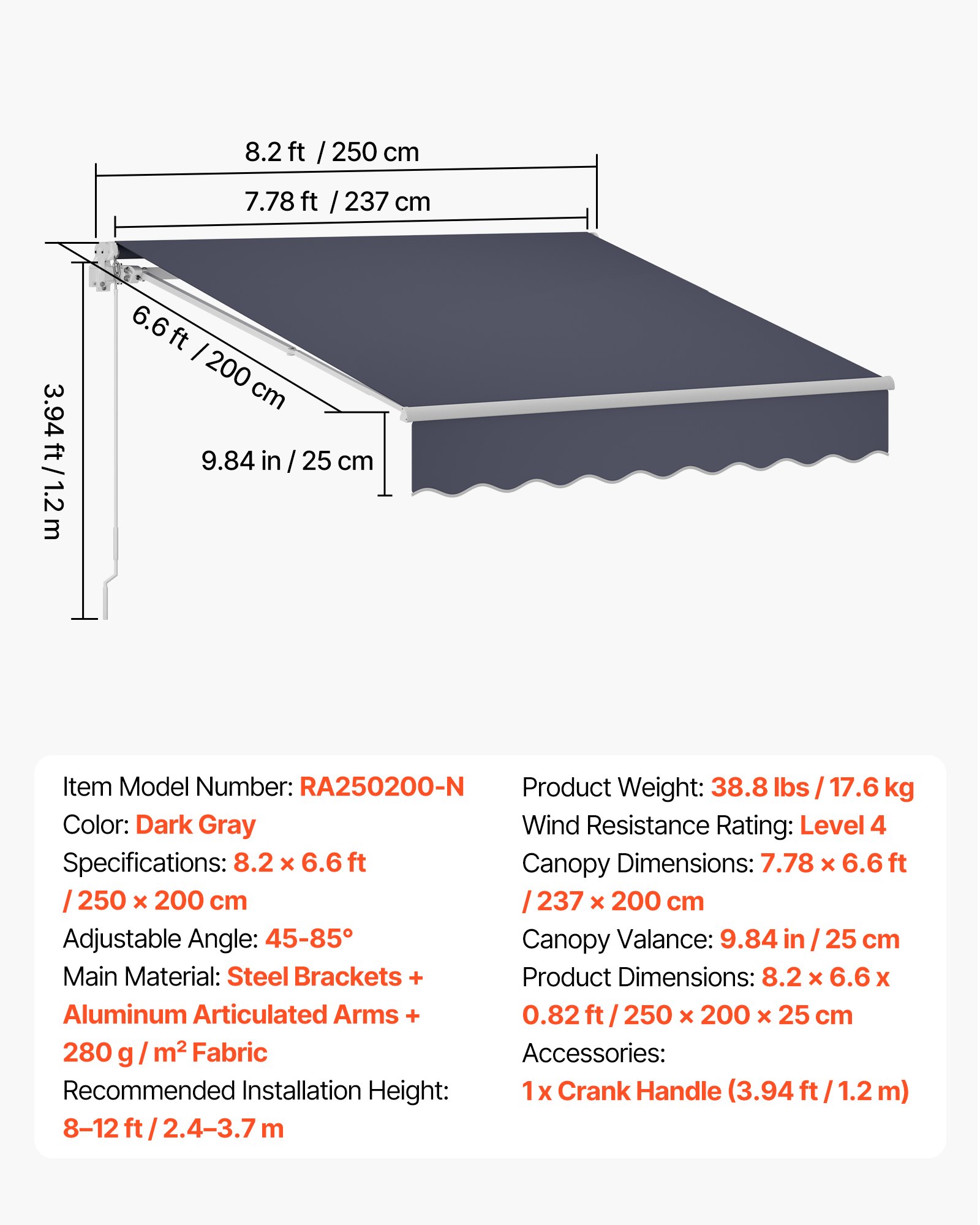 VEVOR Toldo Manual Retráctil 250 x 200 cm, Toldo Enrollable Exterior, Manivela Articulada, Estructura de Aluminio, Protección Solar UV, con Kit Completo de Instalación, para Jardín Patio Balcón, Gris