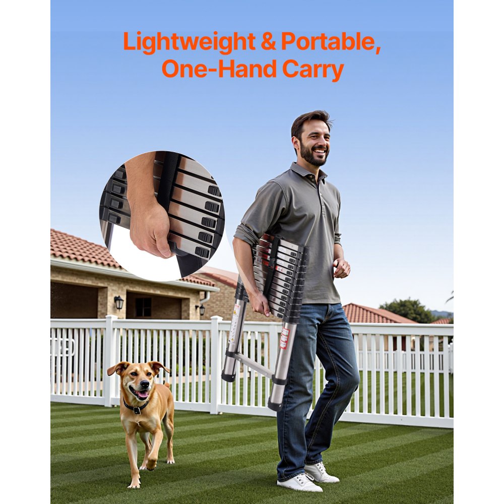 VEVOR Telescopic Ladder, 3740 mm long, stainless steel extension ladder, folding ladder with a load capacity of 150 kg (75°) and non-slip feet, portable 13-step ladder for home, camper van, attic